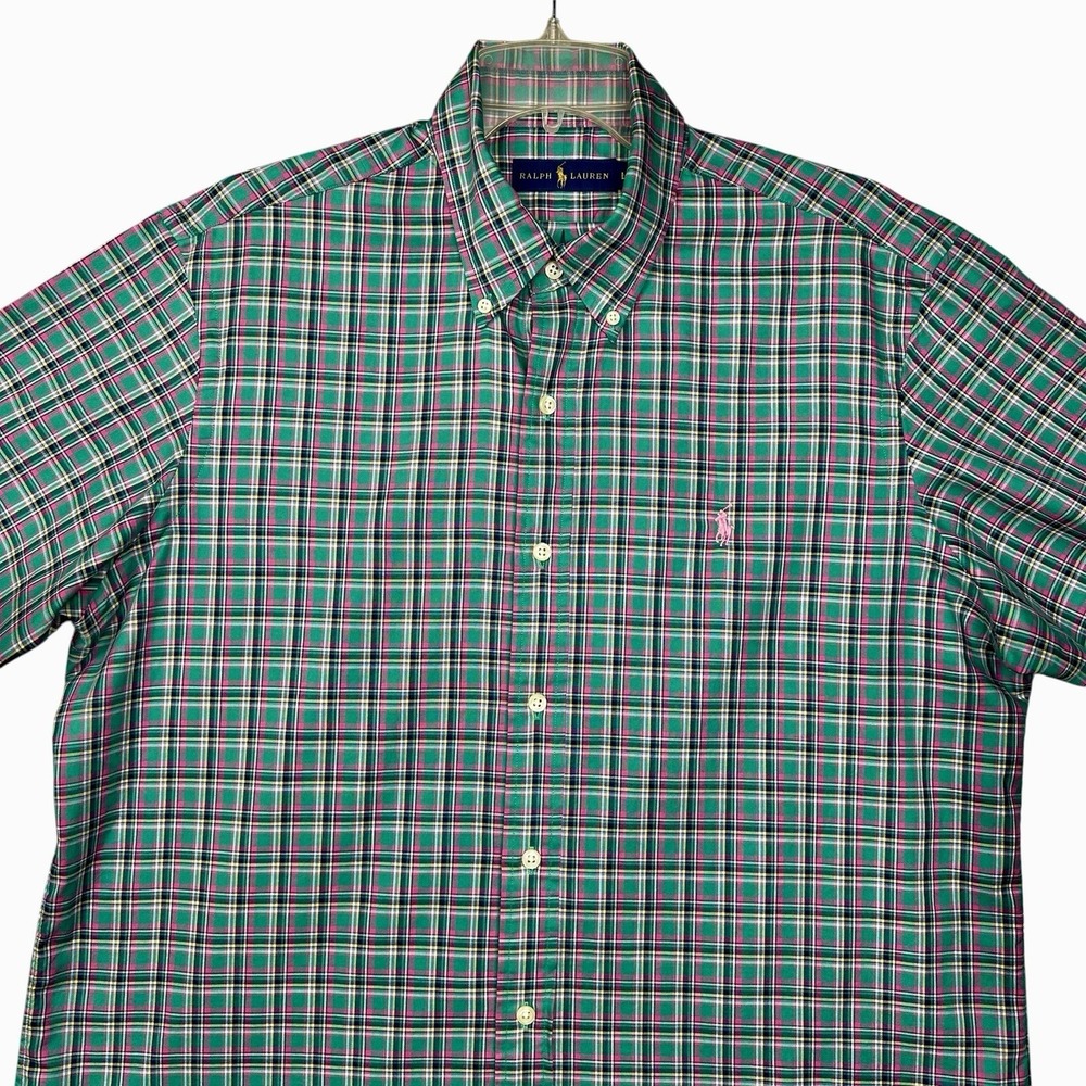 Ralph Lauren Shirt Men's Large Green Plaid Short Sleeve Button Down‎ Pink Pony
